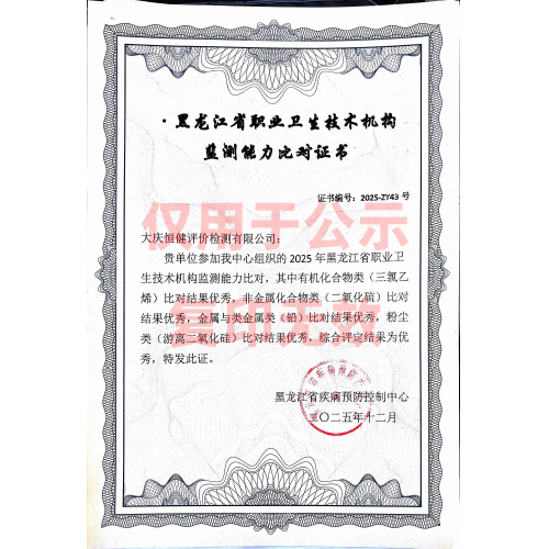 2025年黑龍江省職業(yè)衛(wèi)生技術(shù)機(jī)構(gòu)監(jiān)測(cè)能力比對(duì)證書